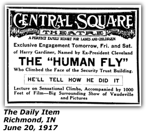 Promo Ad - Central Square Theatre - Richmond, IN - Harry Gardiner - Human Fly - June 20, 1917