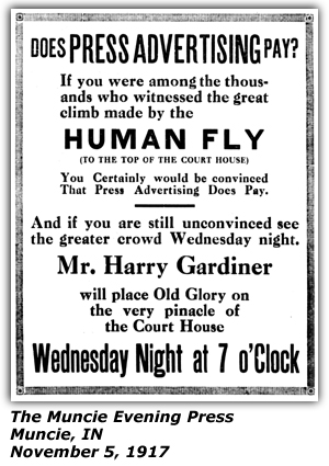 Promo Ad - Muncie Evening Press - Muncie, IN - Harry Gardiner - Human Fly - November 5, 1917