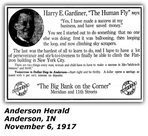 Promo Ad - The Citizens Bank - Anderson, IN - Harry Gardiner - The Human Fly - November 6, 1917