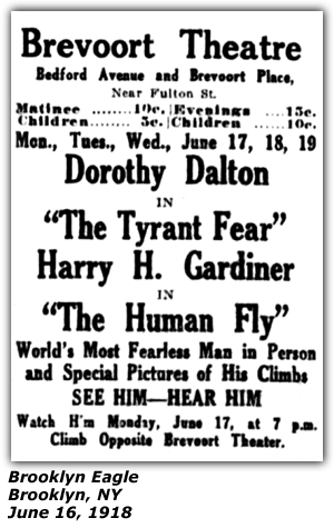 Promo Ad - Brevoort Theatre - Brooklyn, NY - Harry H. Gardiner - Human Fly - June 16, 1918
