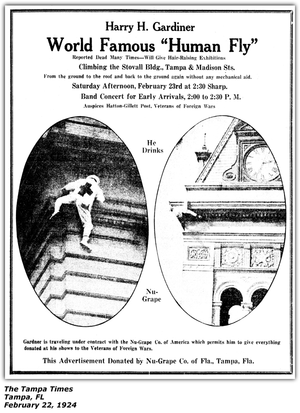 Promo Ad - Nu-Grape Co. - Harry Gardiner - Human Fly - Tampa, FL - February 22, 1924