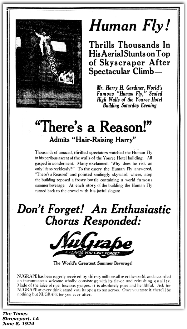 Promo Ad - NuGrape - Harry Gardiner - Human Fly - Shreveport, LA - June 8, 1924