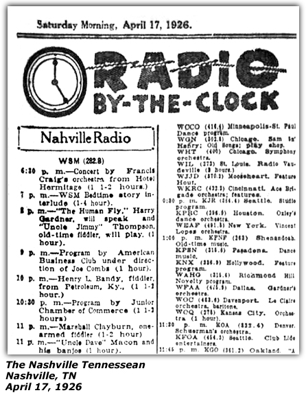 Radio Log - WSM - Nashville, TN - April 17, 1926