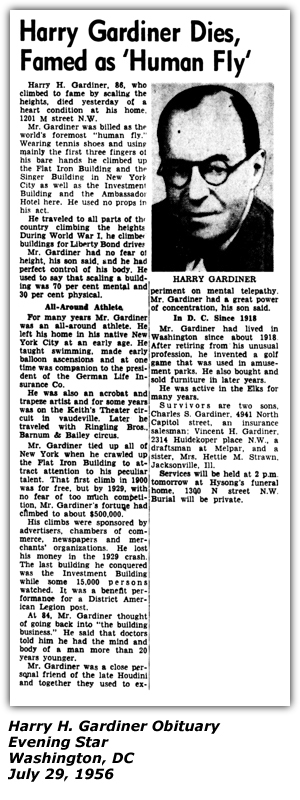 Obituary - Harry H. Gardiner - Human Fly - Evening Star - Washington, DC - July 29, 1956