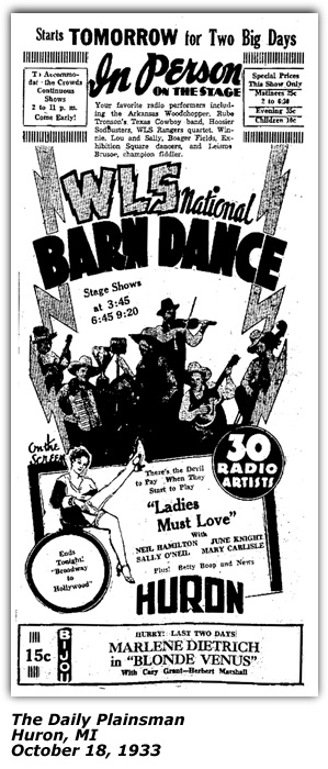Promo Ad - Huron Theatre Huron MI - Rube Trons's Texas Cowboys - October 1933