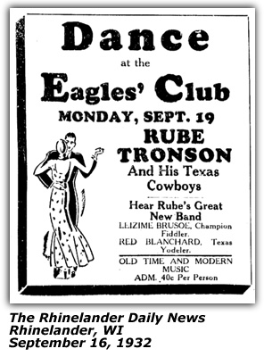 Promo Ad - Eagles' Club - Rhinelander WI - Rube Tronson, Leizime Brusoe, Red Blanchard - September 1932