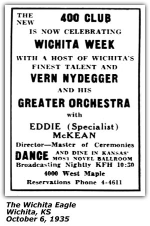 Promo Ad - 400 Club - Vern Nydegger and his Greater Orchestra - Eddie McKean - October 1935