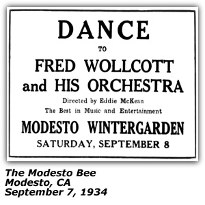 Promo Ad - Modesto Wintergarden - Modesto, CA - Fred Wollcott and his Orchestra - Eddie McKean - September 1934