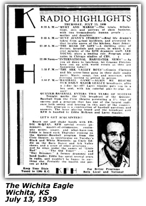 Promo Ad - KFH Radio Highlights - Wichita, KS - Eddie McKean - July 1939