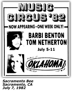 Promo Ad - Music Circus '82 - Sacramento, CA - Oklahoma! - Barbi Benton - Tom Netherton - July 1982