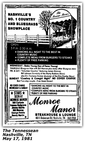 Promo Ad - Monroe Manor Steakhouse and Lounge - May 1981 - James Monroe - Bill Monroe
