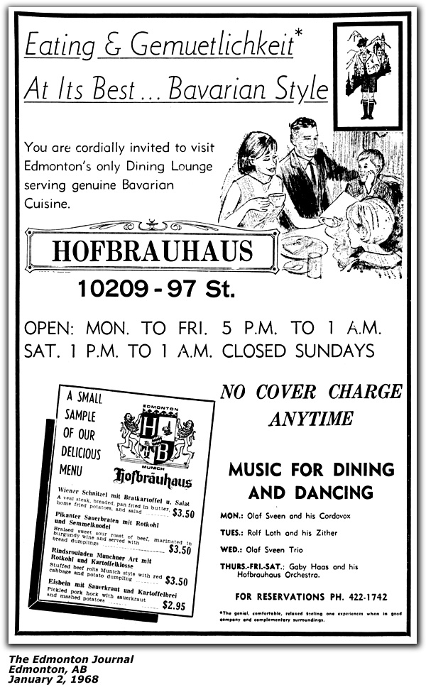 Promo Ad - Hofbrauhaus - Edmonton, AB - Olaf Sveen and his Cordovox - Olaf Sveen Trio - Gaby Haas and his Hofbrauhaus Orchestra - Rolf Loth and his Zither - January 1968