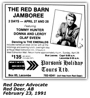 Promo Ad - Red Barn Jamboree - Red Deer, AB - Tommy Hunter - Donna and Leroy - Olaf Sveen - February 1991