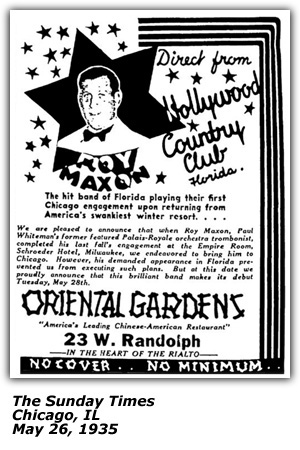 Promo Ad - Oriental Gardens - Chicago, IL - Roy Maxon - May 1935