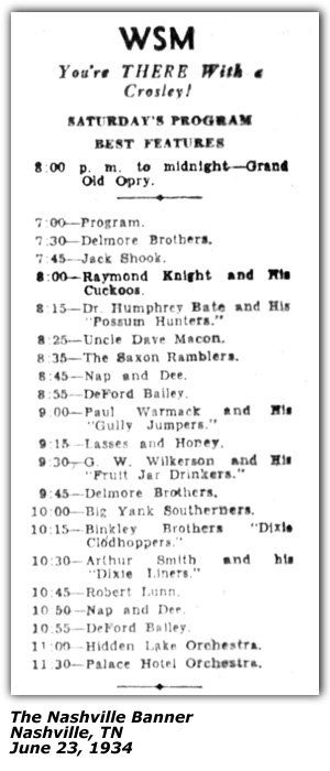 WSM Radio Log - June 23, 1934 - Raymond Knight and his Cuckoos - Grand Ole Opry