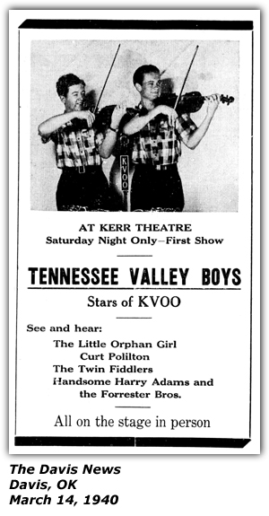 Promo Ad - Kerr Theatre - Davis, OK - Tennessee Valley Boys - Forrester Brothers (Howdy and Joe) - Little Orphan Girl - Curt Poulton - Handsom Harry Adams - March 1940