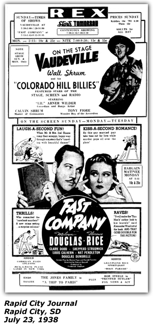 Promo Ad - Rex Theatre - Rapid City, SD - Walt Shrum and his Colorado Hillbillies - Tony Fiore - Lil Abner Wilder - Calvin Shrum - July 1938