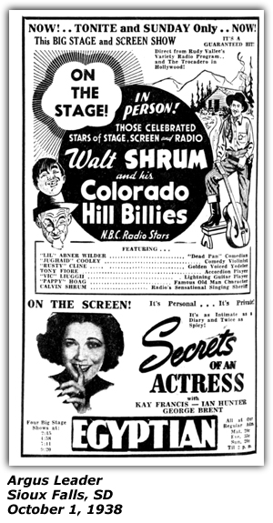 Promo Ad - Egyptian Theatre - Sioux Falls, SD - Walt Shrum and his Colorado Hillbillies - Lil Abner Wilder - Jughead (Spade) Cooley - Rusty Cline - Tony Fiore - Pappy Hoag - Cal Shrum - October 1938