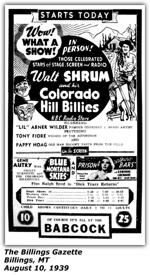 Promo Ad - Babcock Theatre - Billings, MT - Walt Shrum and his Colorado Hillbillies - Lil Abner Wilder - Tony Fiore - Pappy Hoag - Old Man Droopy Pants - August 1939