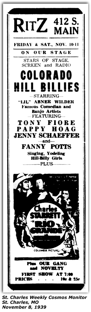 Promo Ad - Ritz Theatre - St. Charles, MO - Colorado Hill Billies - Lil Abner Wilder - Tony Fiore - Pappy Hoag - Jenny Schaeffer - Fanny Potts - November 1939