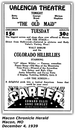 Promo Ad - Valencia Theatre - Macon, MO - Walt Shrum and his Colorado Hillbillies - Lil Abner Wilder - Pappy Hoag - Tony Fiore - Geb Dehne - Rufe Cline - Nenny Schaeffer - December 1939