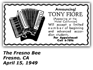Promo Ad - Accordion Lessons - Tony Fiore - Fresno, CA - April 1949