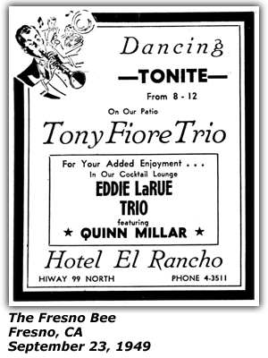 Promo Ad - Hotel El Rancho - Fresno, CA - Tony Fiore Trio - Eddie LaRue Trio - Quinn Millar - September 1949