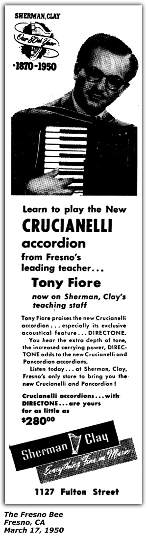 Promo Ad - Sherman Clay - Fresno, CA - Crucianelli accordion instructions - Tony Fiore - March 1950