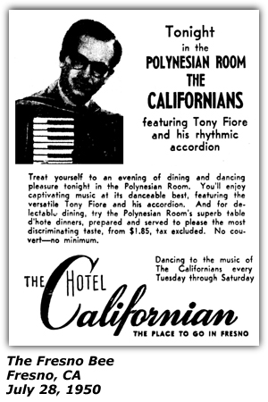 Promo Ad - The Californian (Polynesian Room) - Fresno, CA - Tony Fiore and the Californians - July 1950