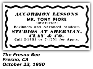 Promo Ad - Accordion Lessons - Tony Fiore - Studios at Sherman Clay &. Co. - October 1950