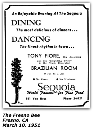 Promo Ad - Sequoia - Brazilian Room - Fresno, CA - Tony Fiore and his Sequoia Trio - March 1951