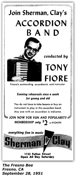 Promo Ad - Sherman Clay - Accordion Lessons - Tony Fiore - Fresno, CA - September 1951