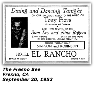 Promo Ad - Hotel El Rancho - Tony Fiore and his Orchestra - Fresno, CA - September 1952