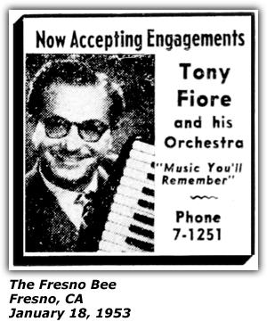 Promo Ad - Accepting Engagements - Tony Fiore and his Orchestra - Fresno, CA - January 1953
