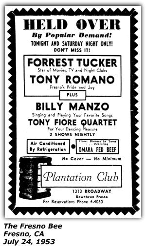 Promo Ad - Plantation Club - Fresno, CA - Forrest Tucker - Tony Romano - Billy Manzo - Tony Fiore Quartet - July 1953