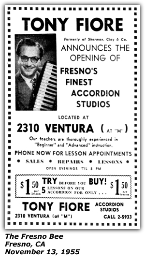 Promo Ad - Tony Fiore Accordion Studios - Grand Opening - Fresno, CA - Tony Fiore - November 1955
