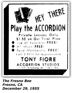Promo Ad - Accordion Lessons - Tony Fiore Accordion Studios - Fresno, CA - Decmeber 1955