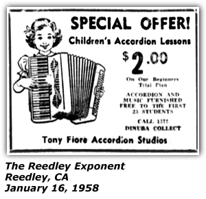 Promo Ad - Children's Accordion Lessons - Tony Fiore Accordion Studios - Fresno, CA - January 1958
