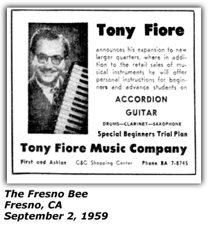Promo Ad - Tony Fiore Music Company - Fresno, CA - Tony Fiore - Tony Fiore - September 1959