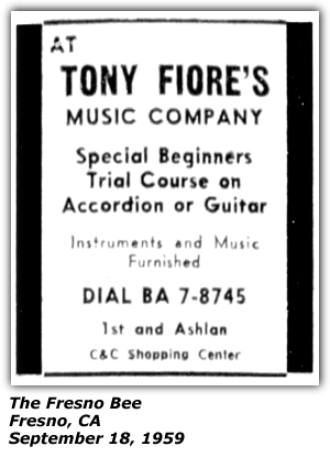 Promo Ad - Tony Fiore's Music Company - Fresno, CA - Tony Fiore - September 1959