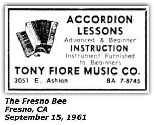Promo Ad - Accordion Lessons - Tony Fiore Music Co. - Fresno, CA - Sep 1961