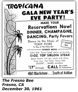 Promo Ad - Tropicana New Year's Eve Party - Fresno, CA - Tony Fiore - December 1961