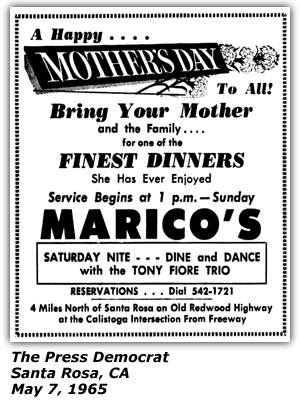 Promo Ad - Marico's - Mother's Day - Santa Rosa, CA - Tony Fiore Trio - May 1965