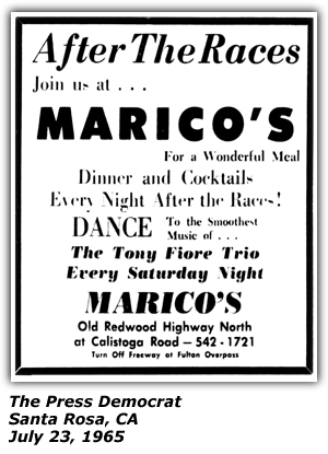 Promo Ad - Marico's - Santa Rosa, CA - Tony Fiore Trio - July 1965