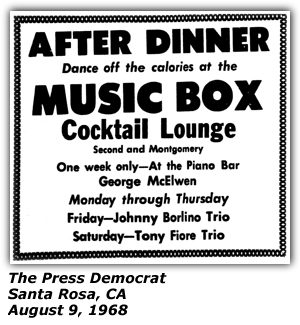 Promo Ad - Music Box Cocktail Lounge - Santa Rosa, CA - Tony Fiore Trio - August 1968