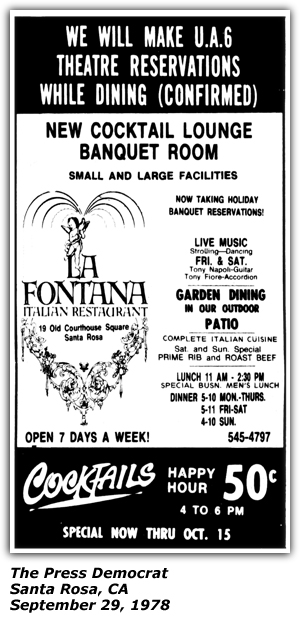 Promo Ad - La Fontana Italian Restaurant - Tony Fiore - Tony Napon - September 1978