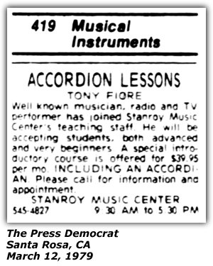 Classified Ad - Accordion Lessons - Tony Fiore - Stanroy Music Center - Santa Rosa, CA - March 1979
