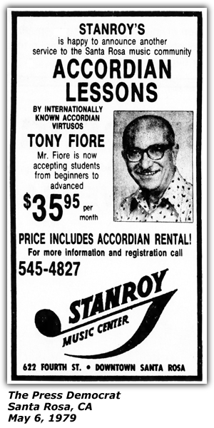 Promo Ad - Stanroy Music Center - Santa Rosa, CA - Accordion Lessons - Tony Fiore - May 1979