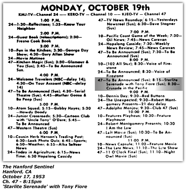 TV Log - KJEO-TV Ch 47 - Tony Fiore - October 1953