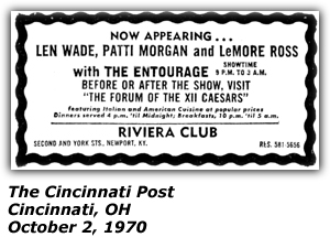 Promo Ad - Riviera Club - Newport, KY - Len Wade - Patti Morgan - Lenora Ross - October 2, 1970